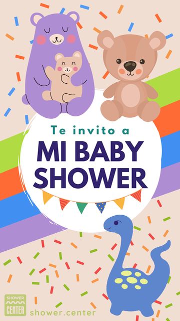 Invitación para baby shower con osos de colores y dinosaurio