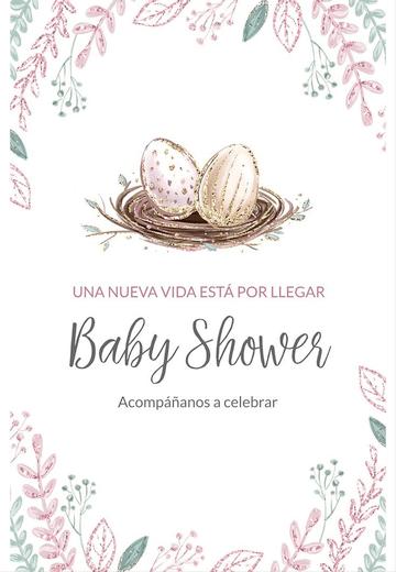 Invitación para baby shower con nido con huevos, estilo naturaleza.